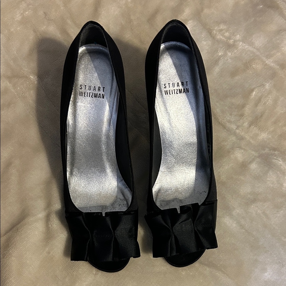 Stuart Weitzman Black Satin Peep-Toe Heels